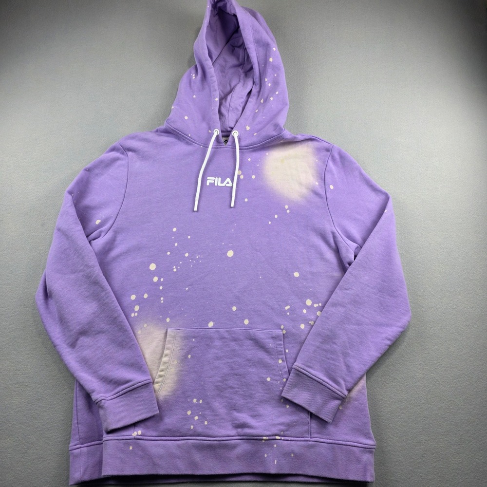 Fila Womens Large Purple Bleach Splatter Hoodie Fleece Pullover Sweatshirt